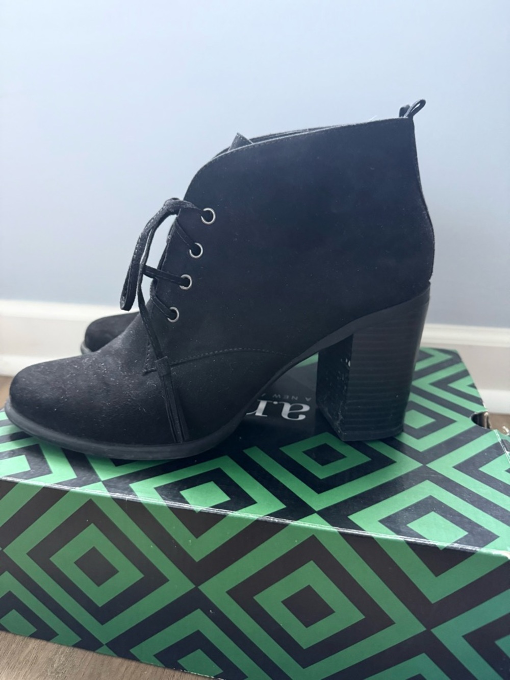 Anna Black Suede Lace-Up Block Heel Ankle Booties